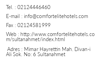 Comfort Elite Hotel Sultanhmet iletiim bilgileri